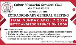 Cobar Memorial Services Club Extra Ordinary General Meeting