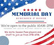 Memorial Day Play: Open Play 10 AM-2 PM and Exclusive Play 2 PM to 6 PM