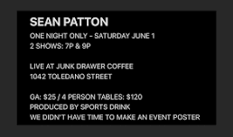 Sean Patton at JUNK DRAWER COFFEE (Saturday - 7:00pm Show)