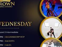 Intro to Hip Hop at 6:45 | Follow by Level 3 Bachata & Salsa from 7:45 to 9:45