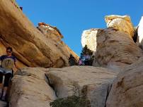 Beginner rock scrambling exploration above Sandstone Quarry, Red Cap possible