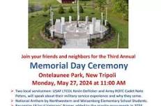 Memorial Day Ceremony, May 27 11 AM, Ontelaunee Park Veterans Memorial, New Tripoli PA