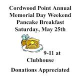 Cordwood Point Annual Memorial Day Weekend Pancake Breakfast Saturday